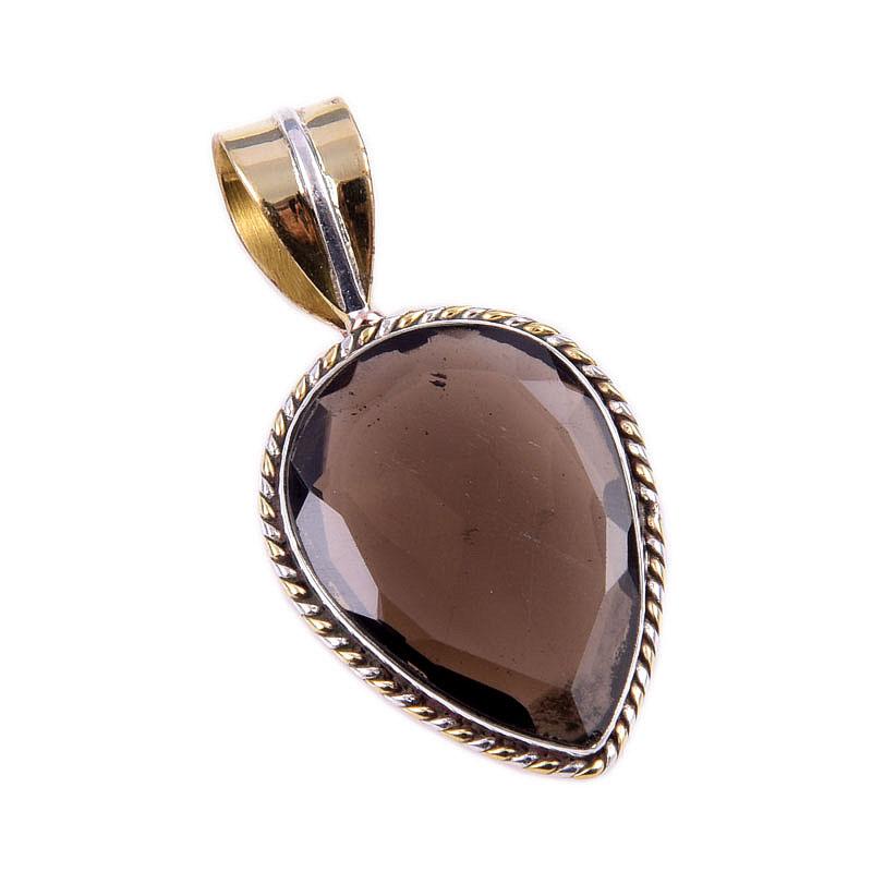 Natural Smoky Quartz 925 Solid Sterling Silver TwoTone Gift Pendant 1.50" R6p72
