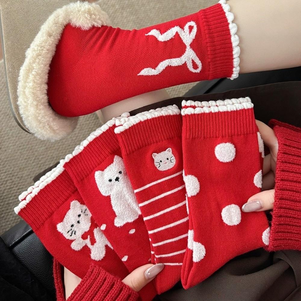 5 Pairs Breathable Polka Dot Socks Combed Cotton Stripe Socks Kitten Red Socks  Spring Festival