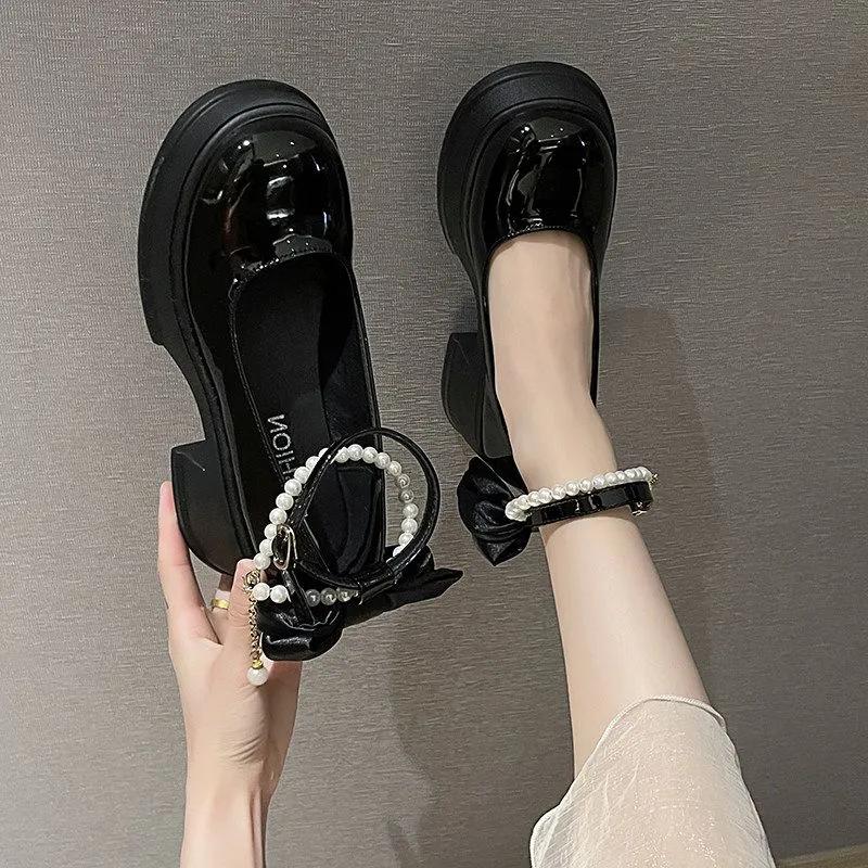 French Round Head White Pearl Thick-heeled Mary Jane High Heels Women's Spring and Autumn Retro Thick-soled Small Leather Shoes