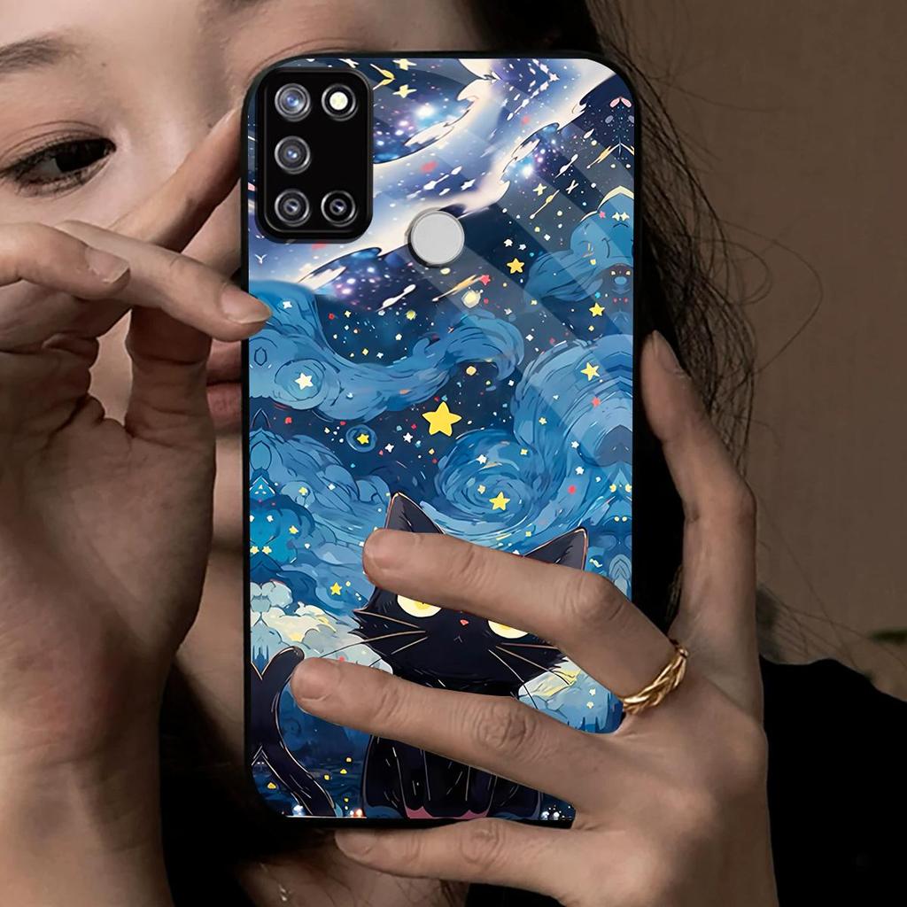 Case for realme C17 7i Anime Black Cat Starry Cloud Print Phone Cover Acrylic Hard Back Shell With Flexible TPU Edge