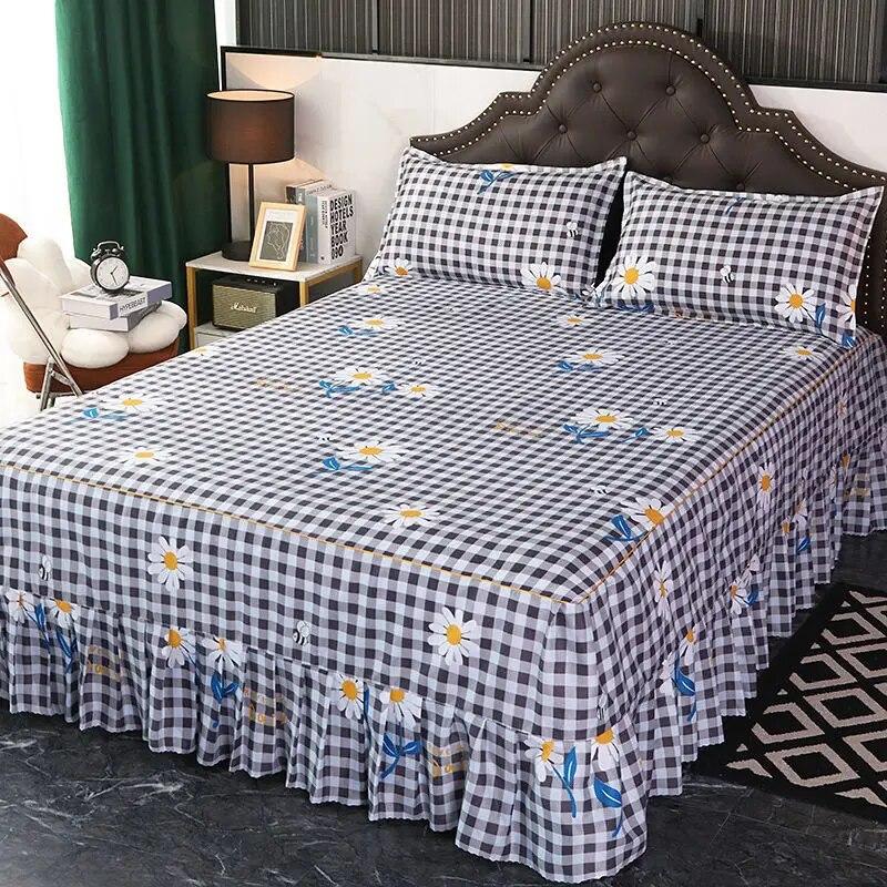 3 Pcs Classic Bed Skirt Princess Style Cotton Sheet Set Plain Bedspread for Bed Queen King Size Bed Cover with Pillowcases