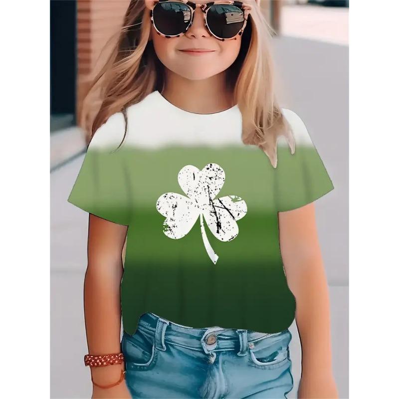 Fashionable Simple Fresh Four Leaf Clover Pattern Girls' Round Neck Pullover Short Sleeved Shirt