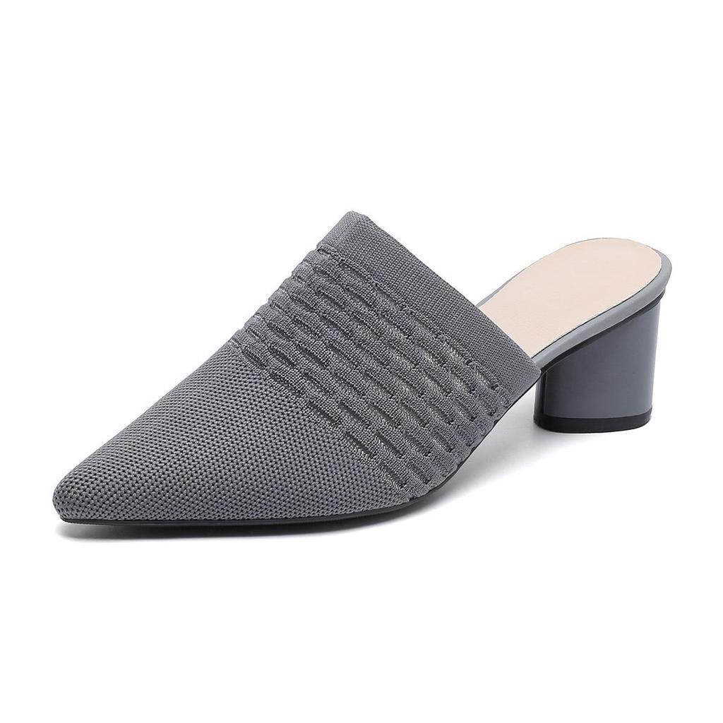 Dámské Velké Velikosti Jarní Špičaté Špičky Tlustý Vysoký Podpatek Pantofle Boty Ležérní Prodyšné Jednobarevné Pletené Sandály Boty 34-43