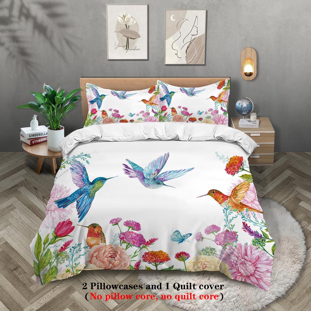 3-piece set of natural floral hummingbird pattern print (1 duvet cover+2 pillowcases, no core) soft and comfortable bedding set