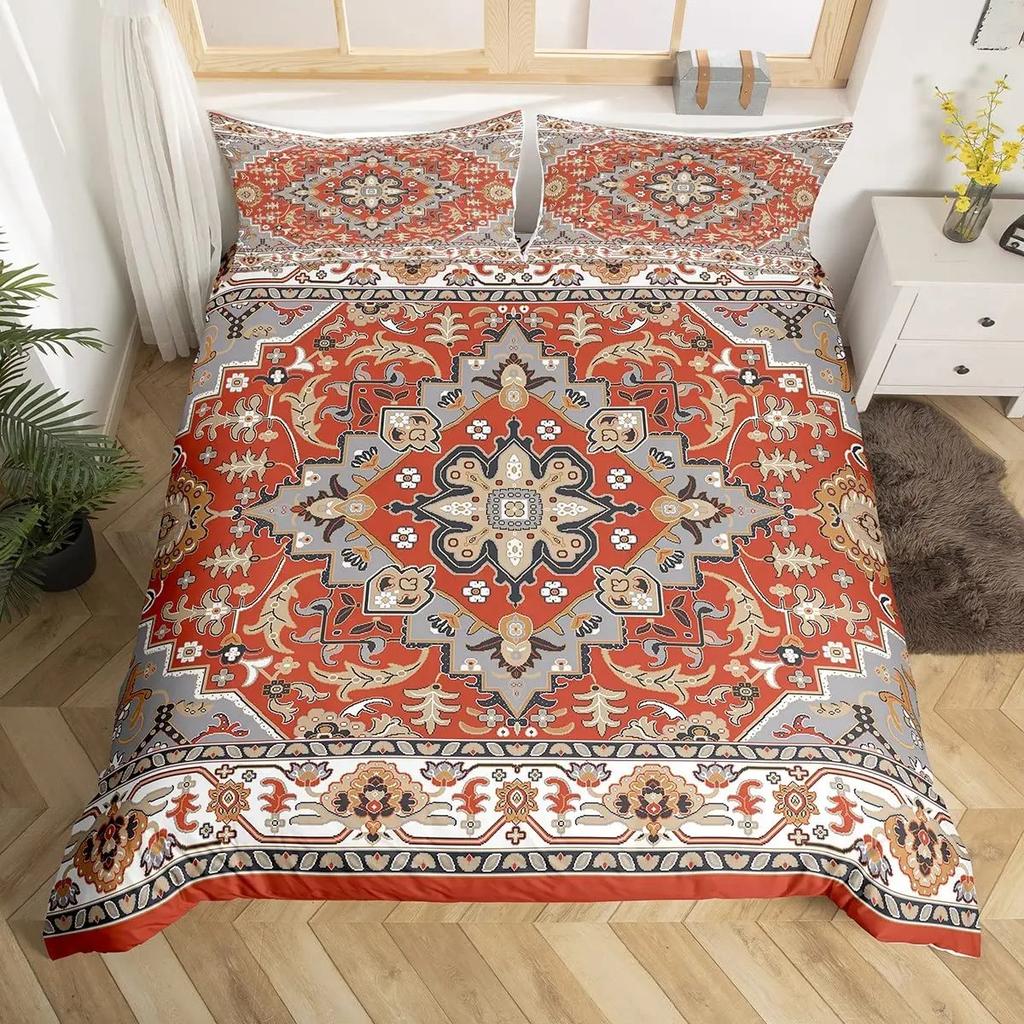 Tribal Floral Duvet Cover Set Bohemian Geometric Flowers Bedding Set Mysterious Indian Abstract Grid Quilt Cover Twin King Size