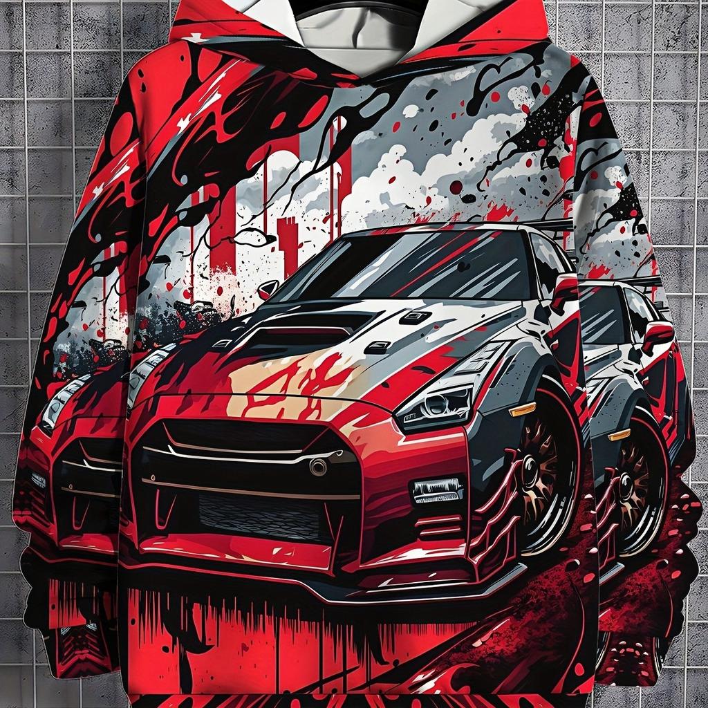 Boys' Casual Hoodie, Cool Car Print - Perfect Choice for Long Sleeves In Spring and Autumn, Loose Fit
