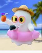 Mini Ghost Figurine Halloween Decoration with Flamingo Float and Straw Hat Seasonal Tabletop Ornament for Indoor Outdoor Display