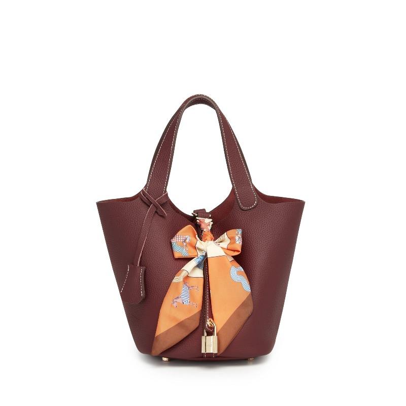 New Bag, Water Bucket, Vegetable Basket, Women's Bag, Leather Top Layer, Hand-held Mommy Bag, Bride's Wedding Bag, High-end Silk Scarf