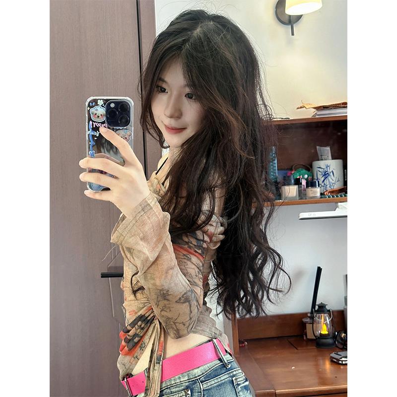 New tulle top women's American retro graffiti spice girl one-word shoulder mesh summer thin