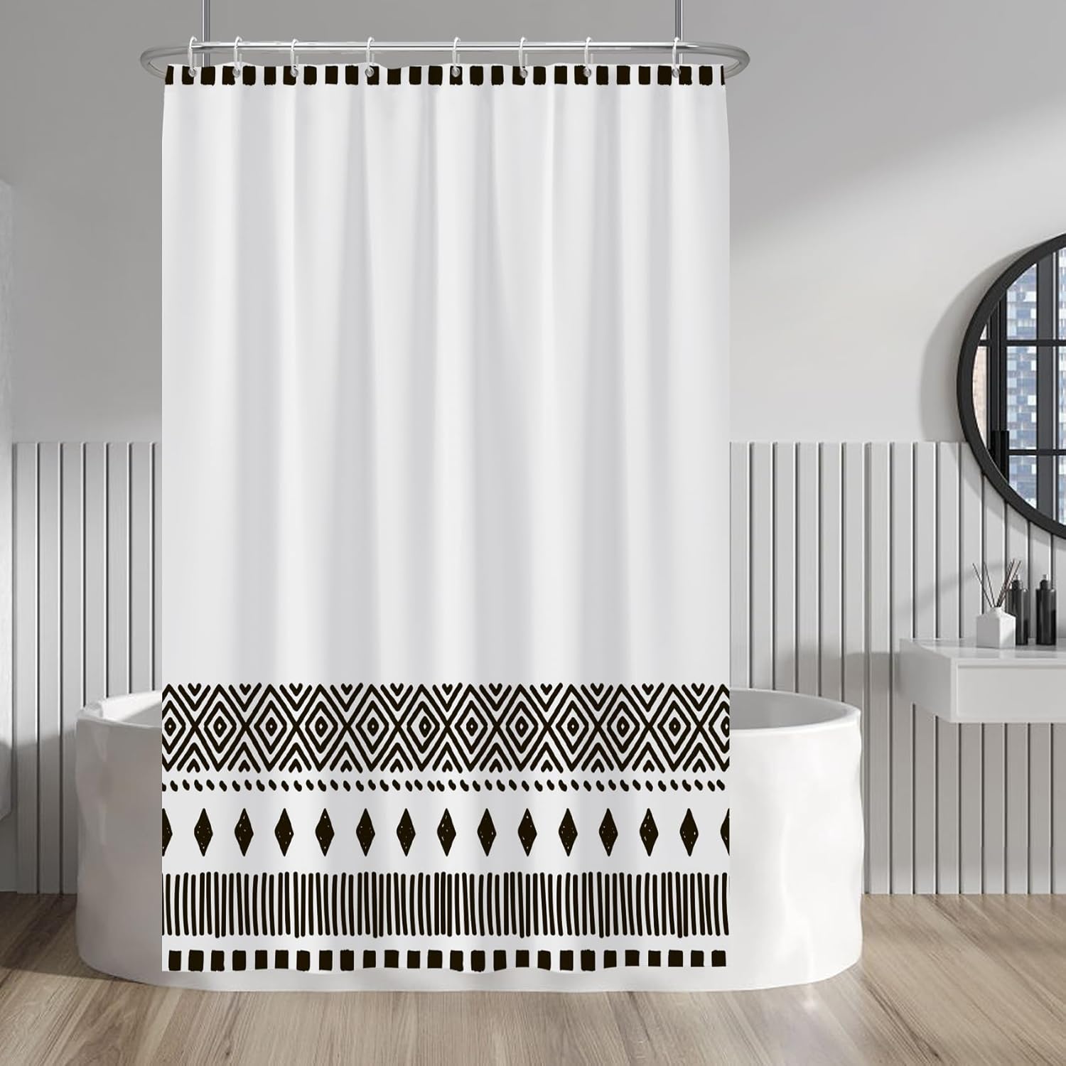 

Tribal Pattern Shower Curtain Black White Design Ethnic Art Bottom Border Modern Bathroom Decor Waterproof Bath Linen Boho W60H190(CM)-1 Pcs