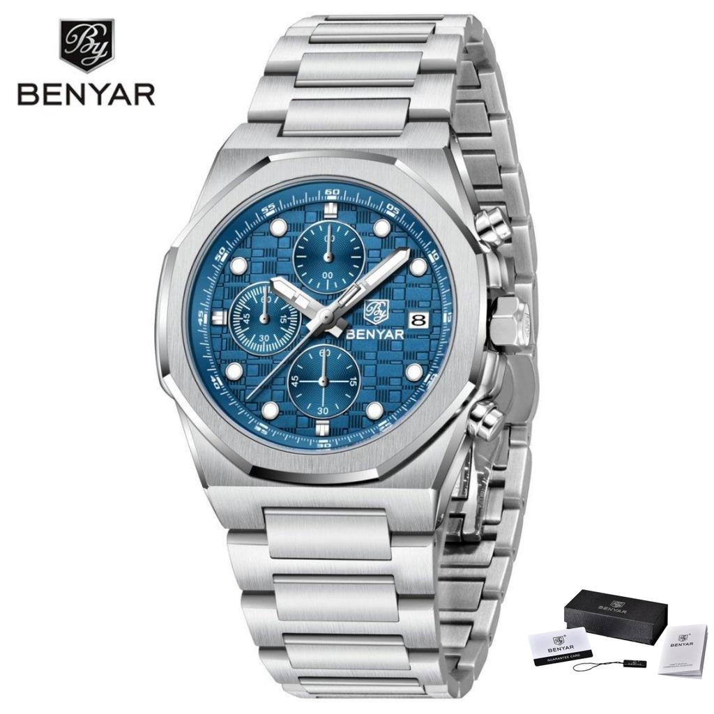 Benyar Multifunctional Men's Quartz Watch Stainless Steel Strap Alloy Case Chronometer 30M Waterproof Luminous Wristwatch