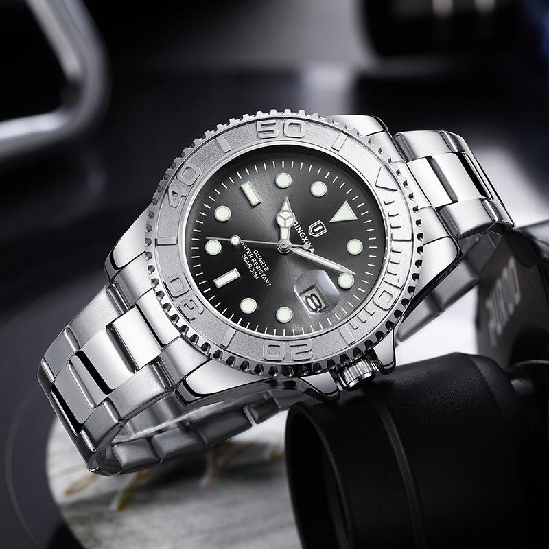 Qingxiya Men's Waterproof Quartz Sports Watch with Stainless Steel Strap and Luminous Calendar