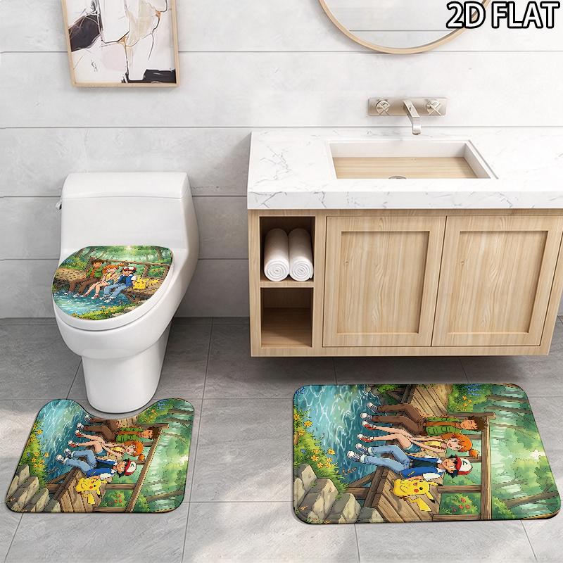 3pcs Ash Ketchum Pikachu Art Pattern Flannel Nonslip Absorbent Washable Decorative Bathroom Home Toilet Seat Cover Mat