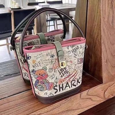 Color Blocked Graffiti Bucket Bag  New Niche Personalized Handbag Small Shoulder Crossbody Bag Fun Women's Handbag