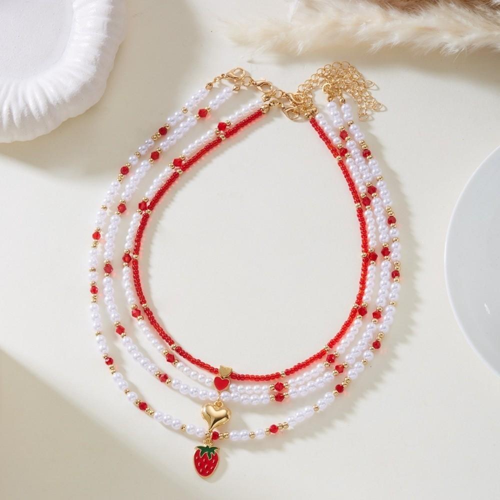 Multi-layer Pearl Beaded Necklace Bow Stacked Clavicle Choker Trendy Strawberry Necklace Women