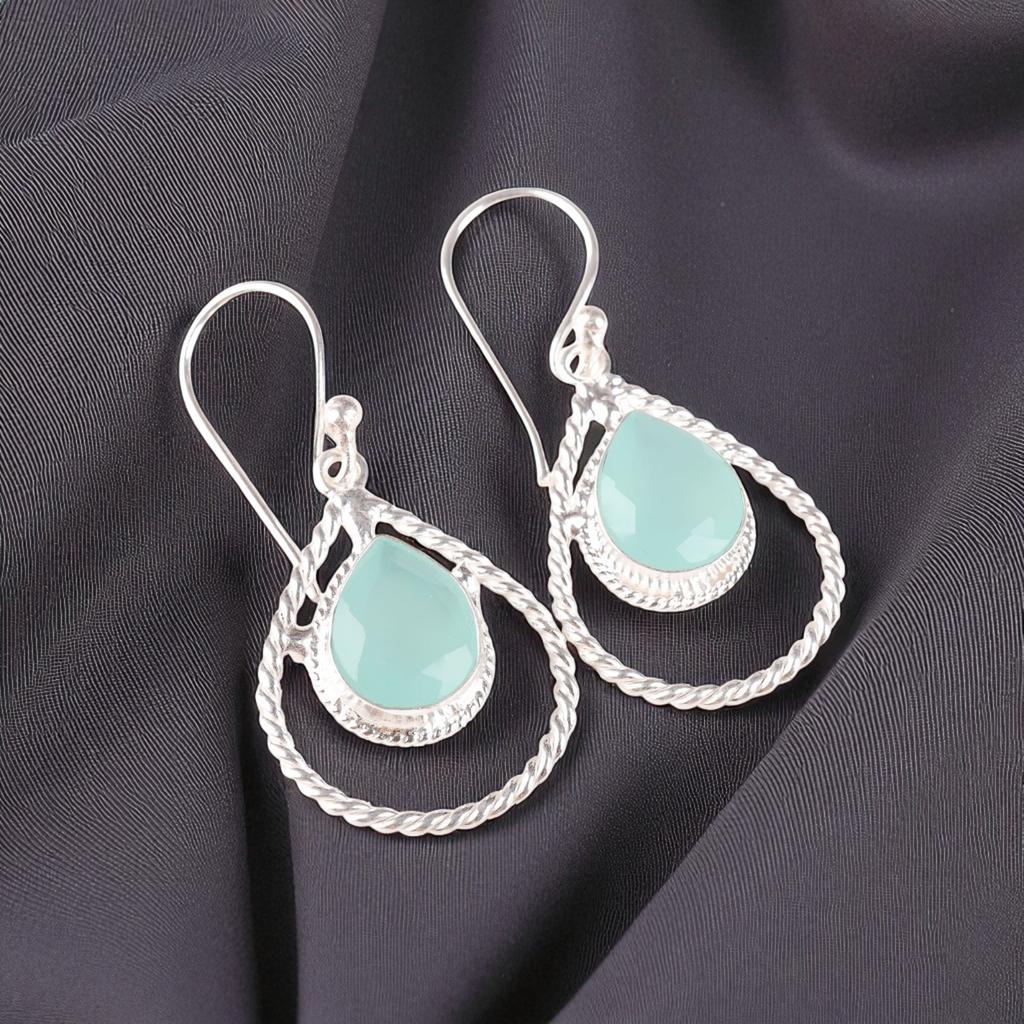 Aqua Chalcedony Gemstone 925 Sterling Silver Jewelry Handcrafted Earrings 1.70" EE-96-20