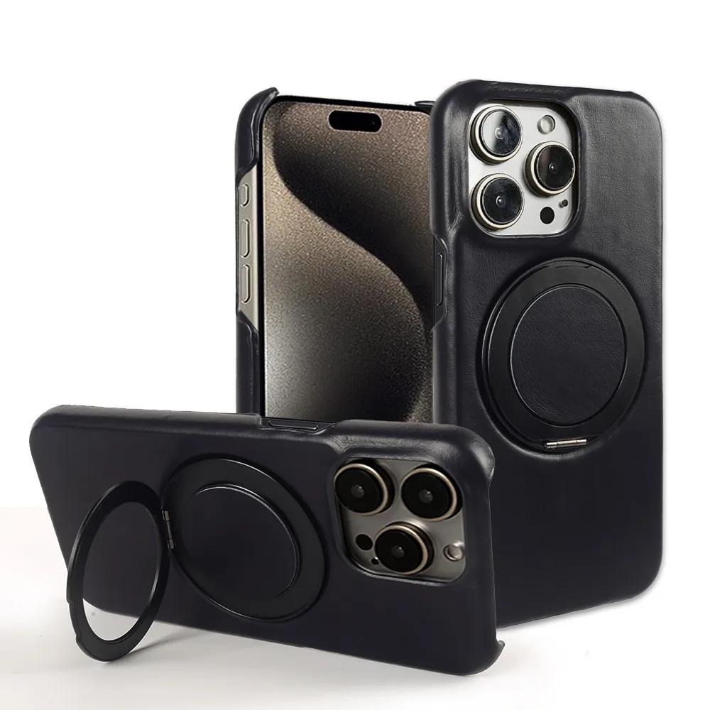 Luxury 360° Rotating Magnetic Holder Genuine Leather Case For 15 Pro Max 16Pro 14Pro 13 12 11 Magsafe Charging Back Cover