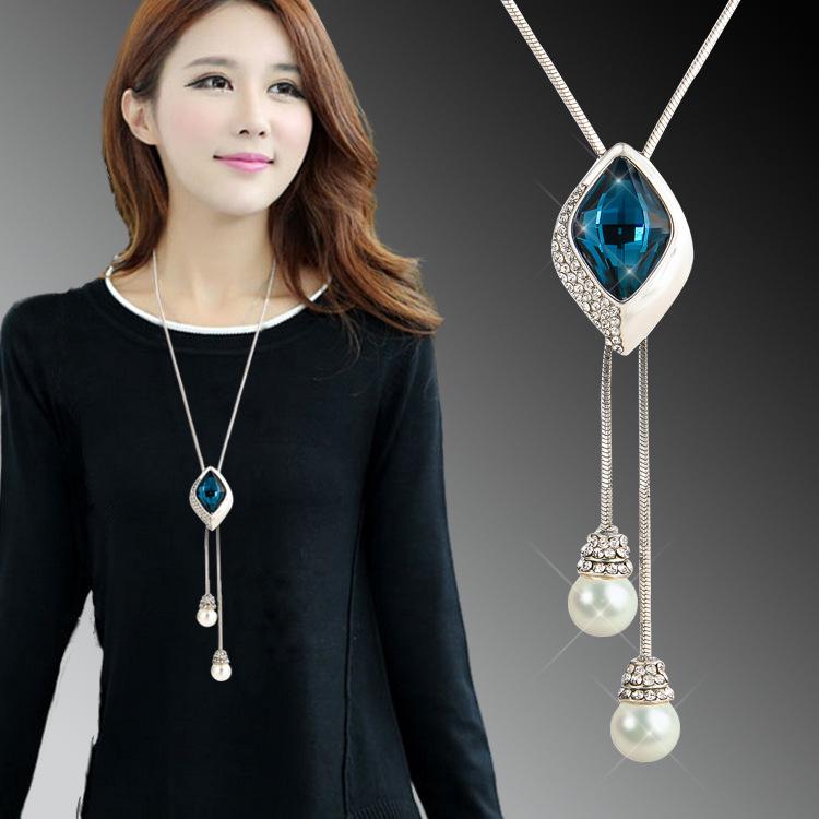 

Korean version sweater chain necklace, female alloy versatile crystal fringed long pendant jewelry