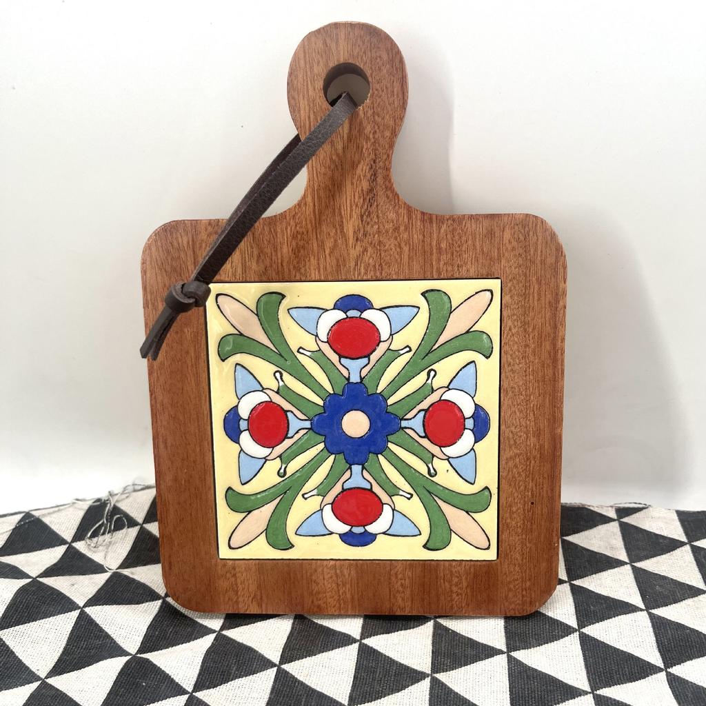 Wood and Ceramic Cutting Board Colorful Tile Trivet Mediterranean Appetizer Board Handmade Kitchen Decor