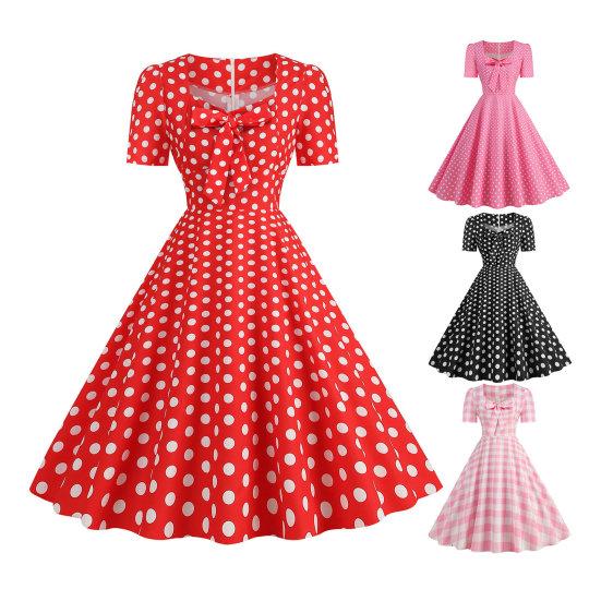 Elegant Ladies Printed Dress Square Neck Bow On Chest Sweet Style Casual Party Dress Short Sleeves Tight Waist Slim Dress Women Summer Clothing