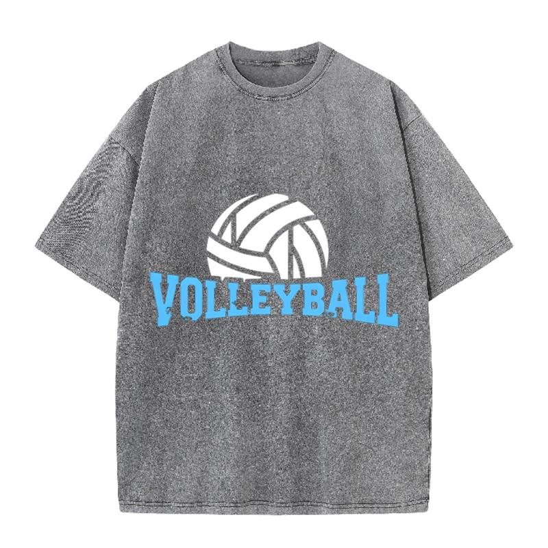 Volleyball Print Vintage Washed Black T Shirt Men Sports Casual Short Sleeve Tee