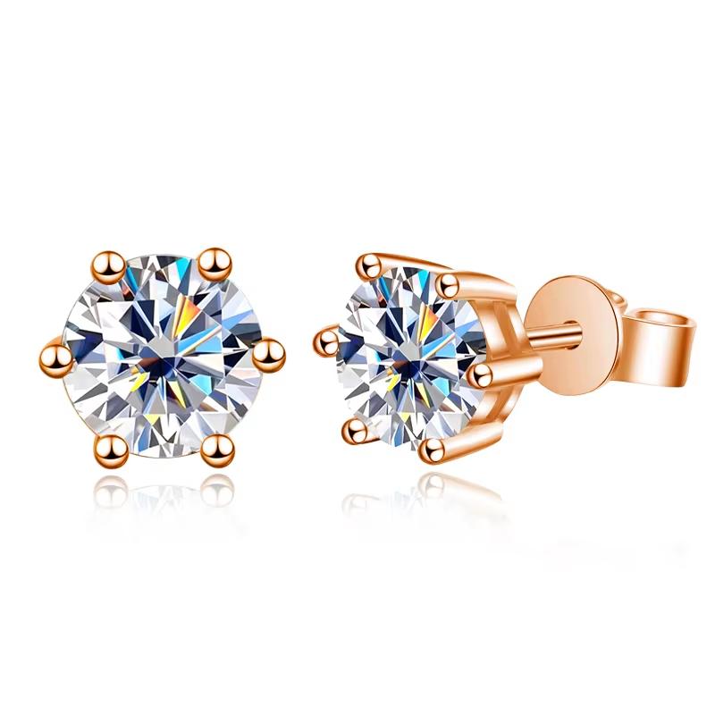 KNOBSPIN Moissanite Stud Earrings 14K White Gold Plated Silver D VVS1 Lab Diamond 6 Claws Round Ear Studs For Women