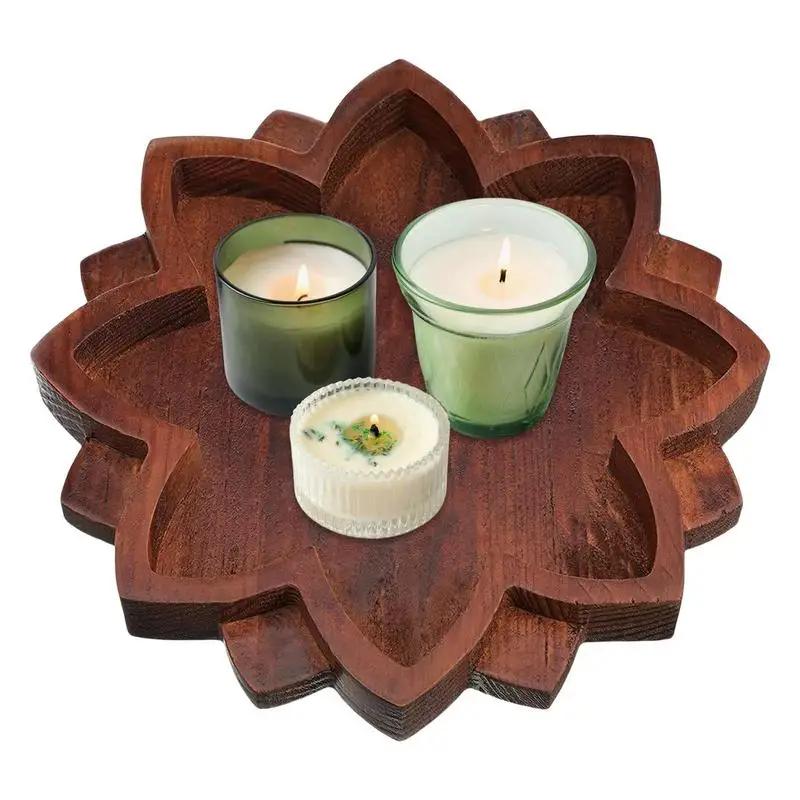 Wooden Lotus Tray Lotus Shape Crystal Stone Holder Crystal Display Tray with Bottom Non-Slip Pad for Aromatherapy Oils Jewelry