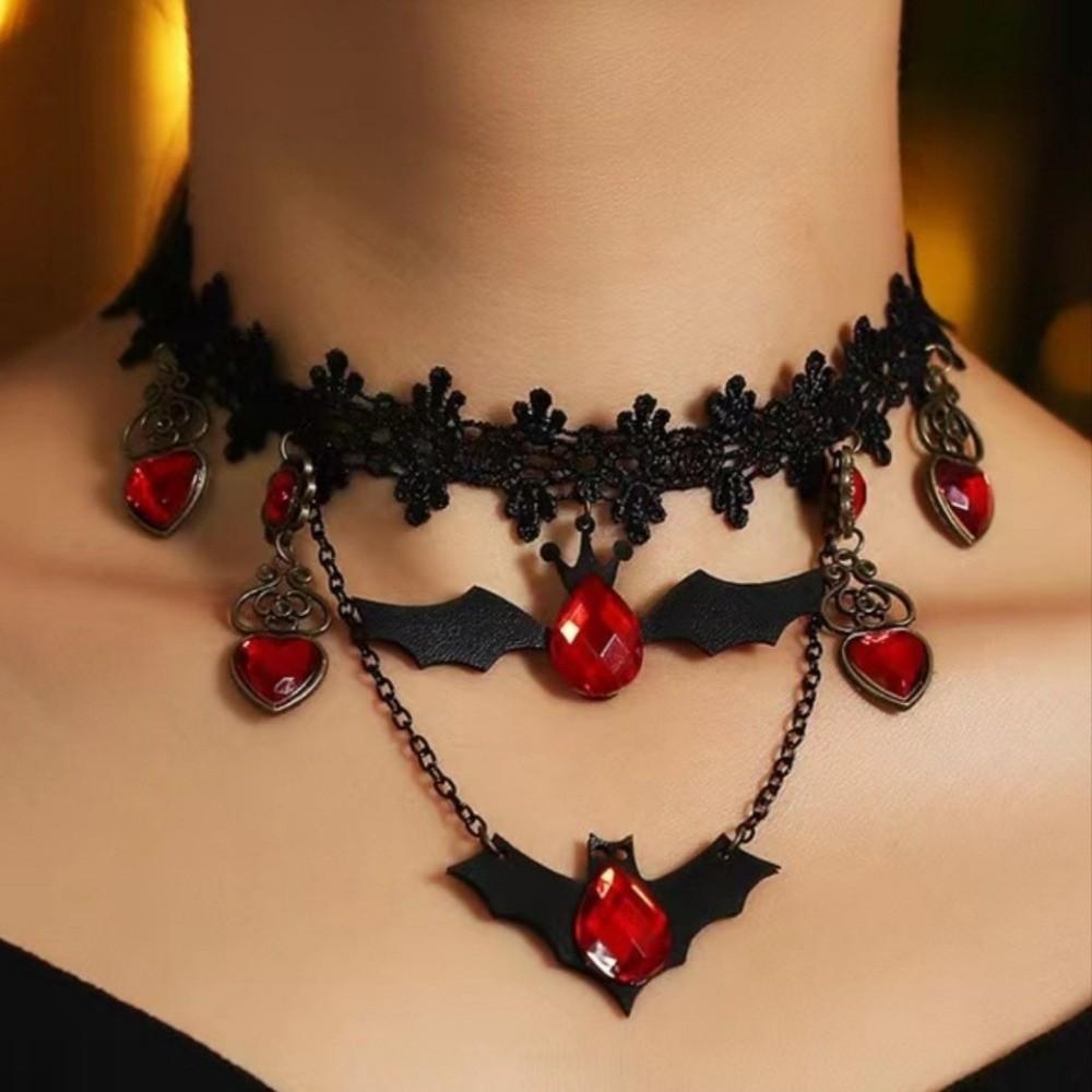 Dark Style Gothic Choker Red Rhinestone Heart Bat Earrings Halloween Necklace Holiday Gift