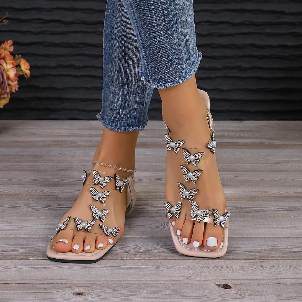 Butterfly rhinestone women's sandals 2025 summer foreign trade large size flat bottom square head transparent elastic band sandals women
