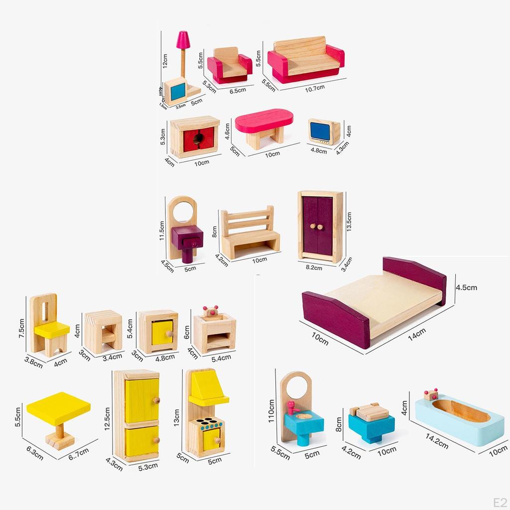 26Pcs Holz Puppenhaus Möbel Spielzeug Puppe Haus Spielzeug Bad Realistische Spielhaus