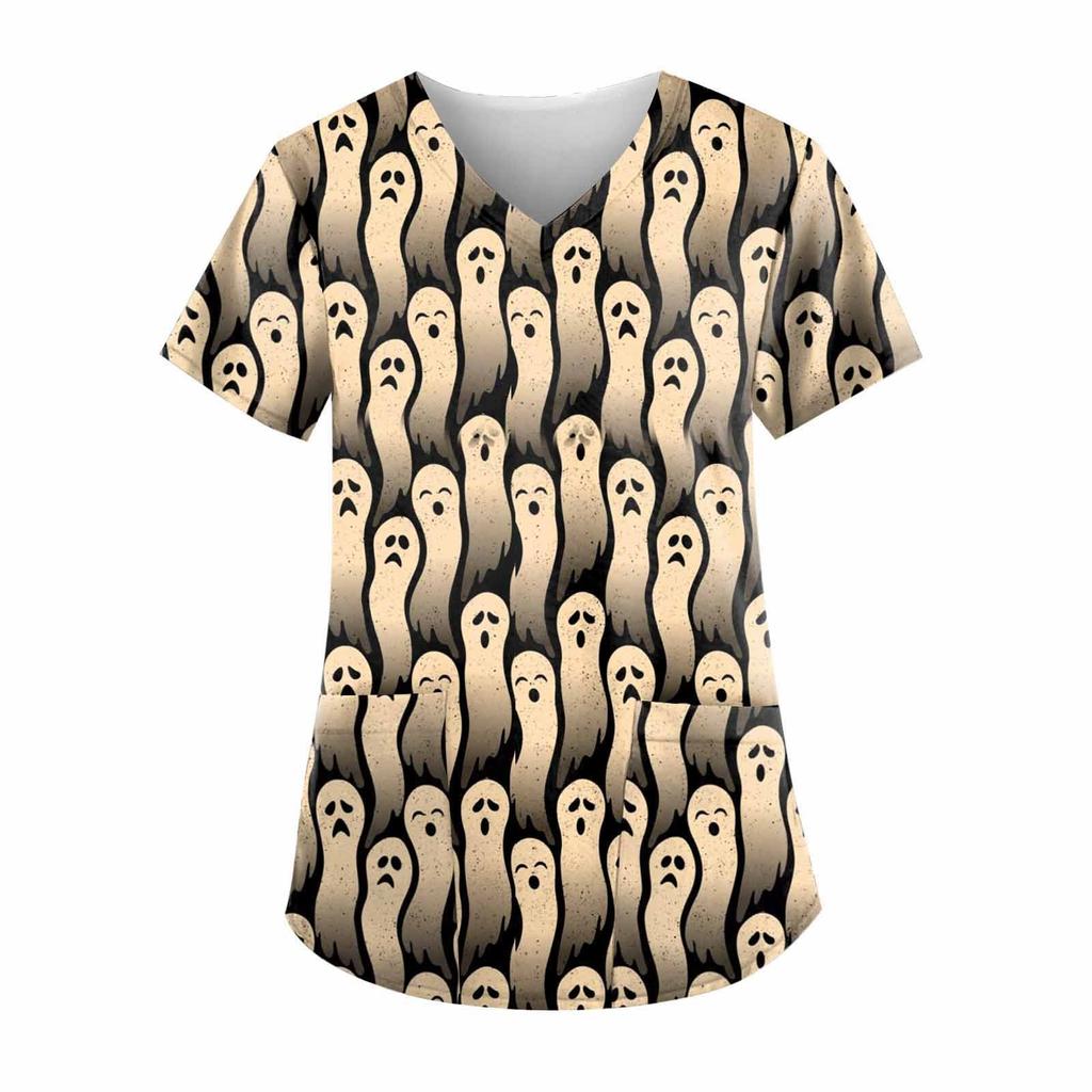 Women's Hallowen Printing Short Sleeve V-neck Tops Working Uniform Pocket Blouse