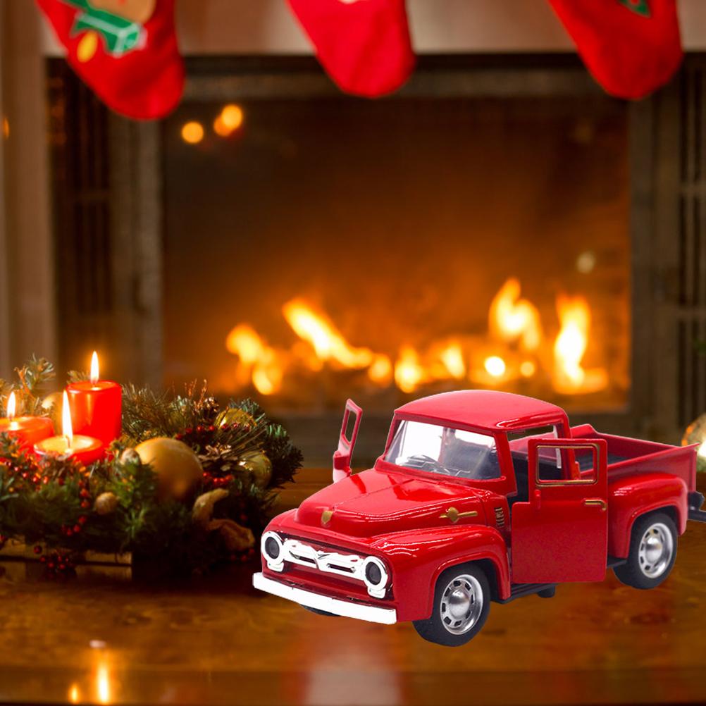 Vintage Red Truck Decor 1:32 Red Metal Pickup Truck Car Model Christmas Decorations for Desktop and