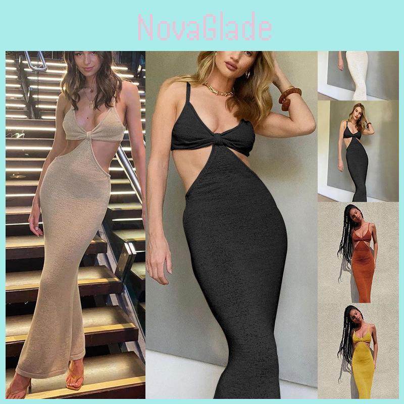 Spaghetti Maxi Dresse Strap Hollow Out Bodycon Dress Backless Cut Out Dress Wrap