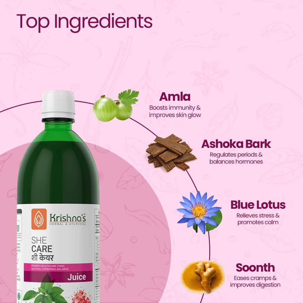 KRISHNA'S HERBAL & AYURVEDA She Care Juice 1000ml, Herbal Supplement for Hormonal Balance, PCOS, PCOD, Period Pain Relief, Hair and Skin Hea