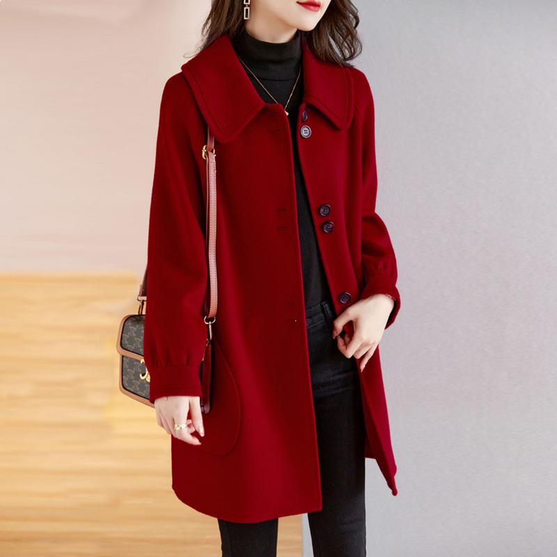 Casaco de Lã Vermelho Feminino Moda Inverno Slim Abotoamento Simples Trench Exterior de Alta Qualidade
