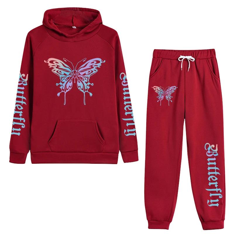 Arrival Woman Tracksuit Hooded Sweatshirt Jogger Pants Autumn Winter Daily Casual Sporty Hoodies Outfit Butterfly Print