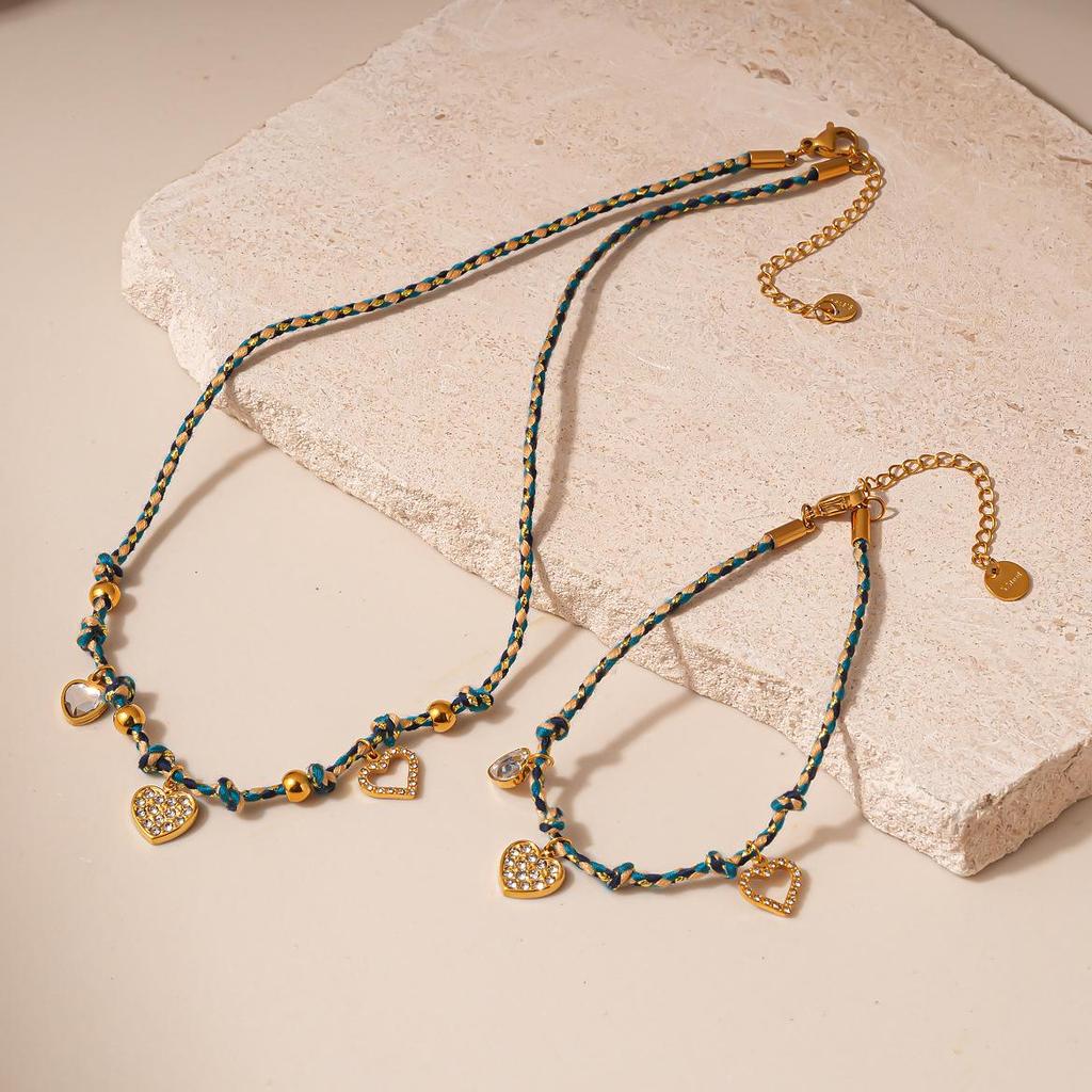 Ensemble Exquis Bracelet & Collier Tissé Rétro Cœur, Étoile et Tournesol