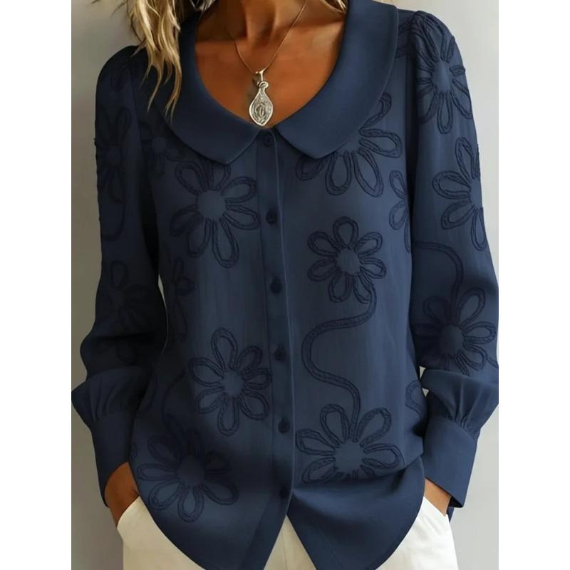 

New Trendy and Fashionable Multi-purpose Summer Chiffon Short-sleeved Shirt with A Baby Doll Collar for Women 3XL Темно-синій