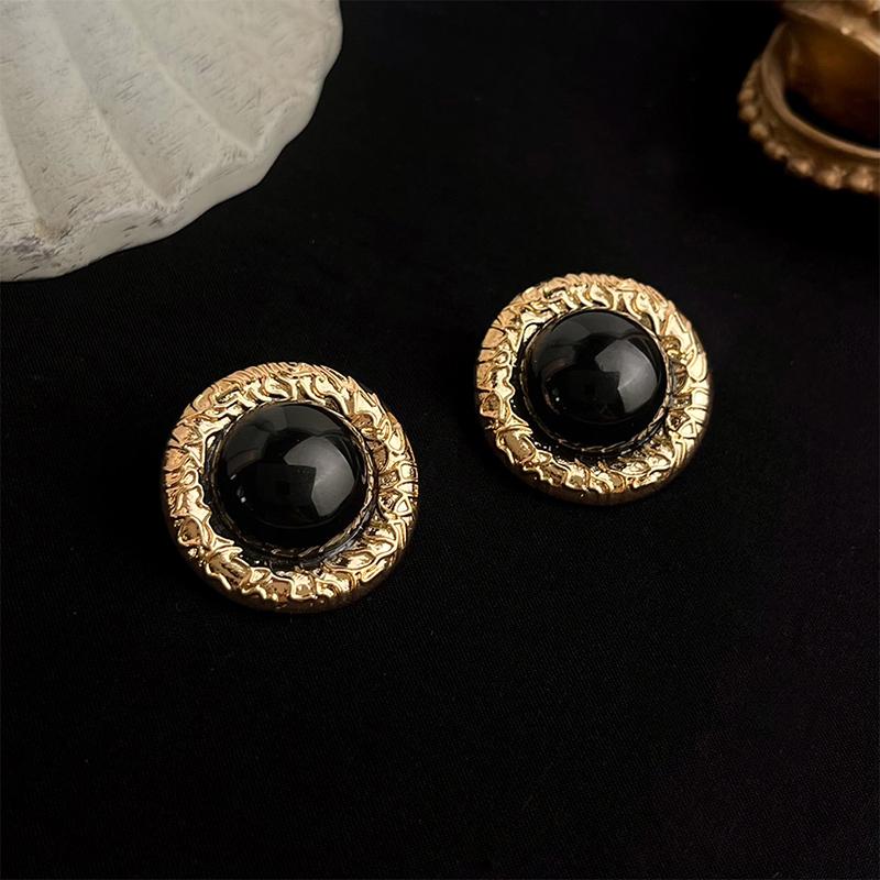 Orecchini a Bottone Neri in Pietra con Rilievo Vintage per Donna Eleganti Retrò Rotondi Minimalisti Eleganti Classici Gioielli per Uso Quotidiano