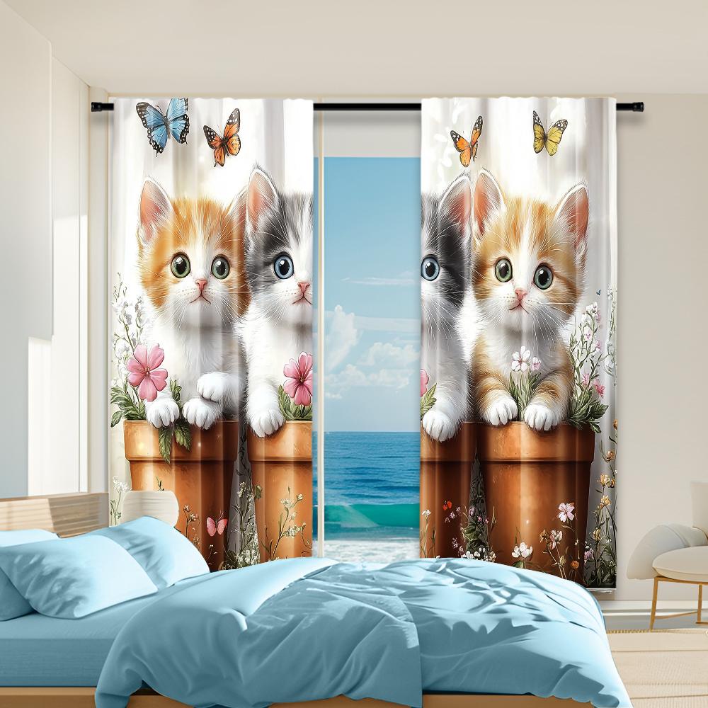 

2 pcs versatile polyester transparent curtains for home decoration Funny Cat for use in bedrooms and living rooms 100*130 HOOK 1pcs
