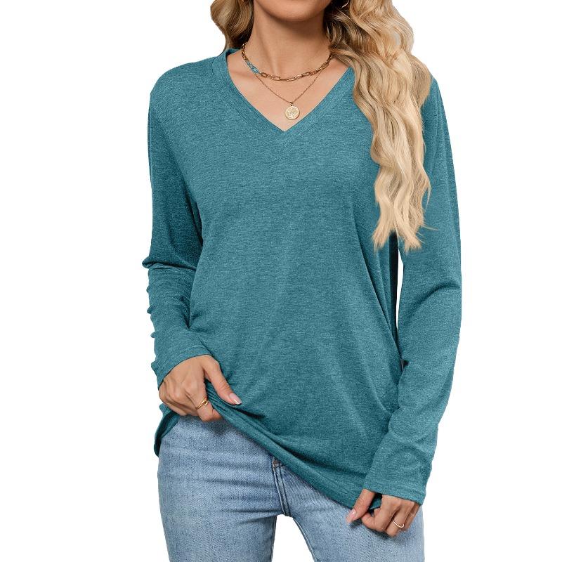 Autumn New Casual Pullover V-neck Solid Color Loose Long-sleeved T-shirt Top