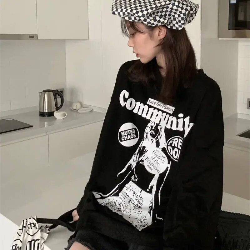Magliette bianche da donna, a maniche lunghe, con scollo a V, in cotone, coreane, oversize, casual, alla moda, stampate, Y2k