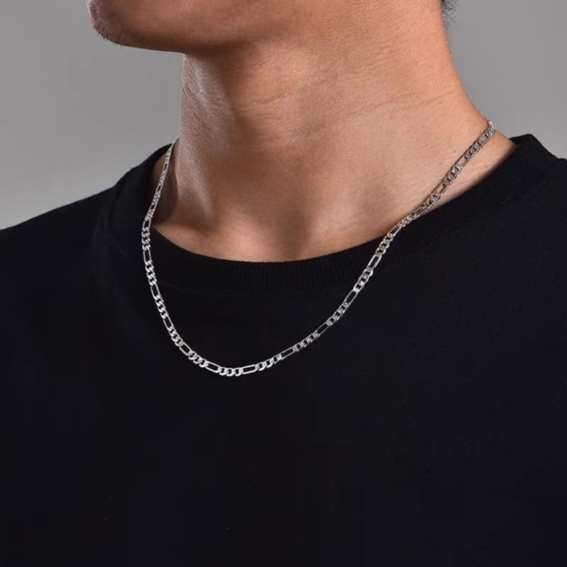 Men's Silver Figaro Chain Necklace Polished Smooth Brims For Comfort Adjustable Lengths 16 18 20 22 24 Inch
