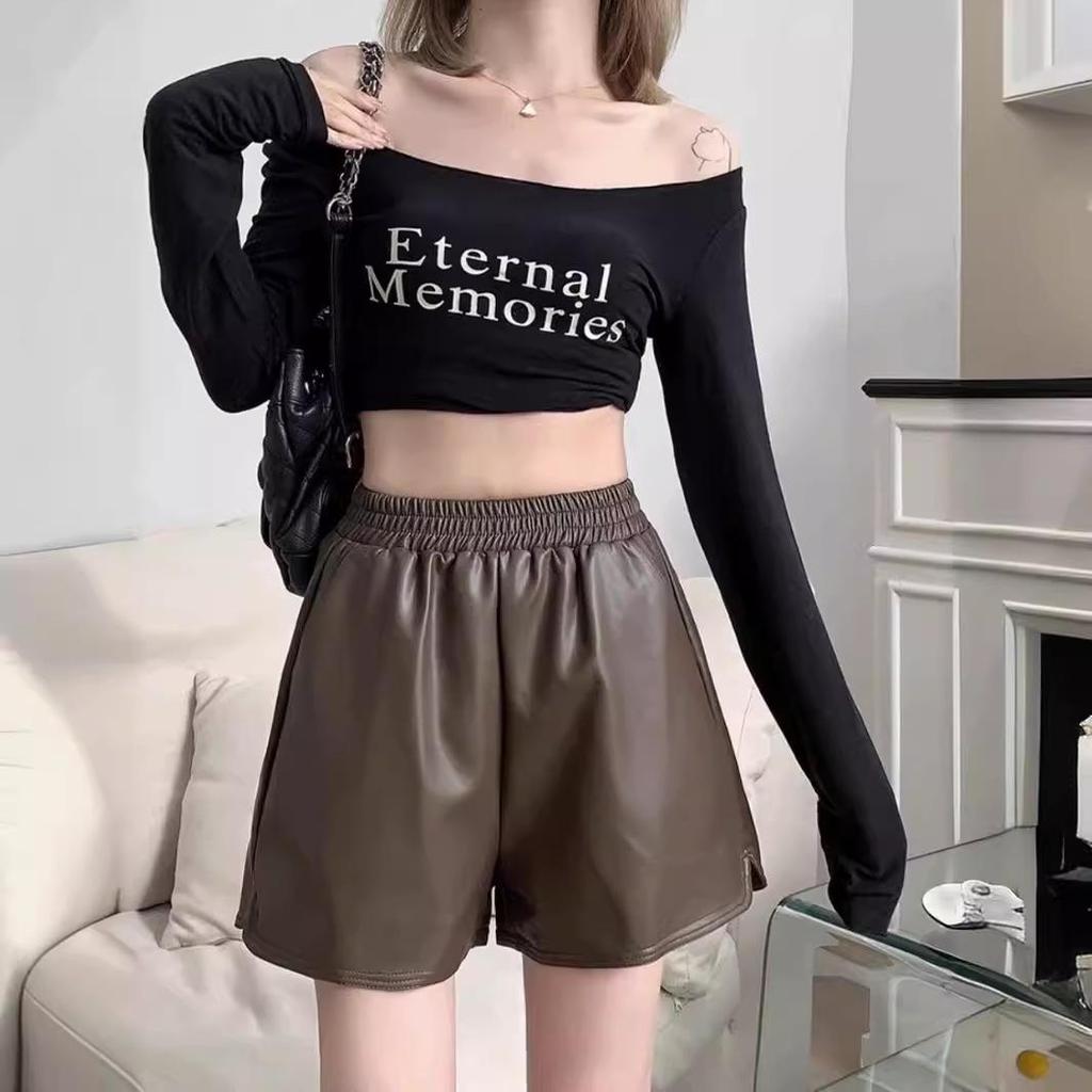 2025 Plus Size Women's High Waist PU Leather A-line Slimming Bootcut Shorts - Autumn/Winter Collection