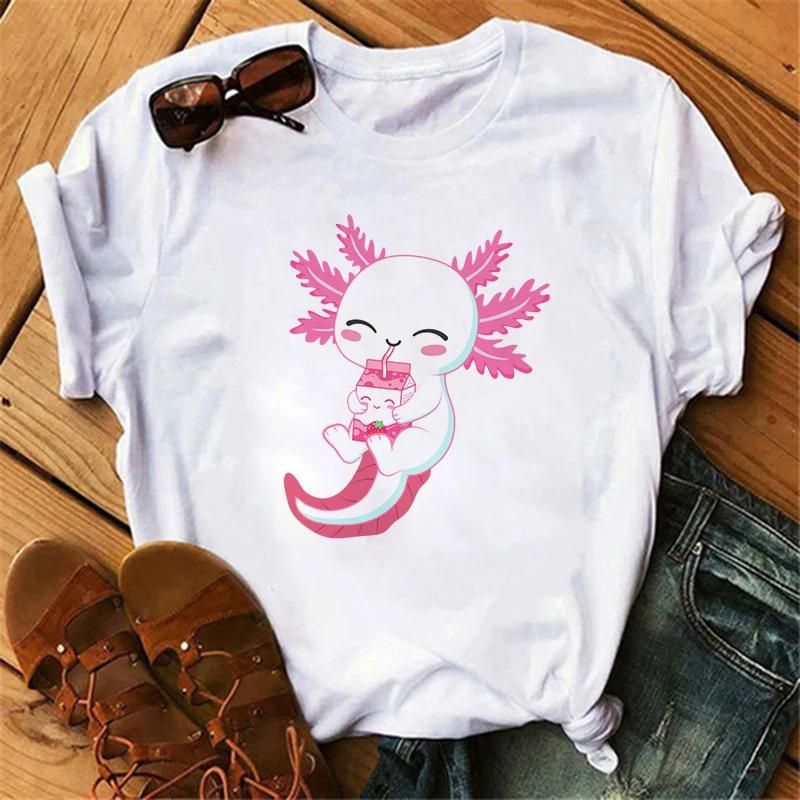 Funny Axolotl T Shirt Women Relaxolotl Kawaii Short Sleeve T-shirt Women's Clothing Summer Tops Y2k Casual Cartoon Graphic Tee