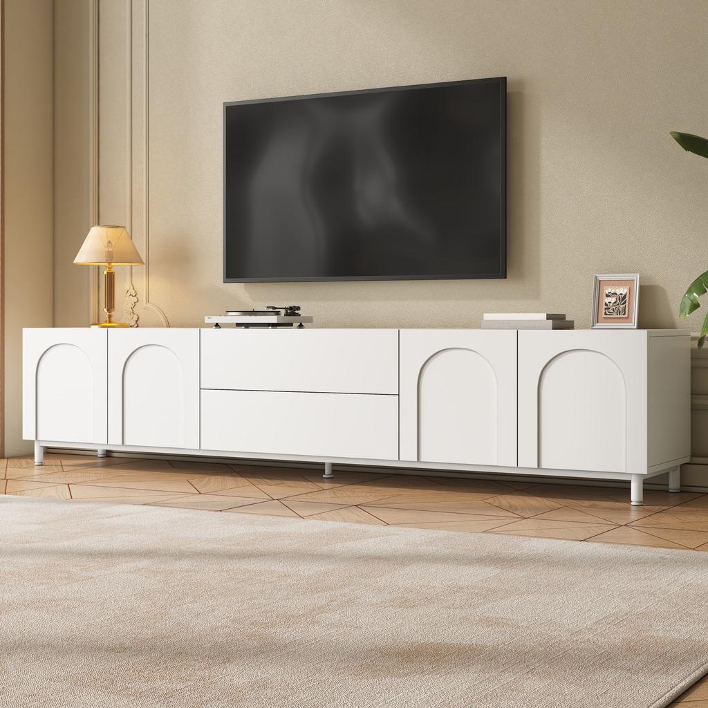 TV Cabinet with Four Doors and Two Drawers, Cabinet made of Chipboard + MDF, Steel Tube Feet, Modern Living Room Storage Cabinet with Arched Doors