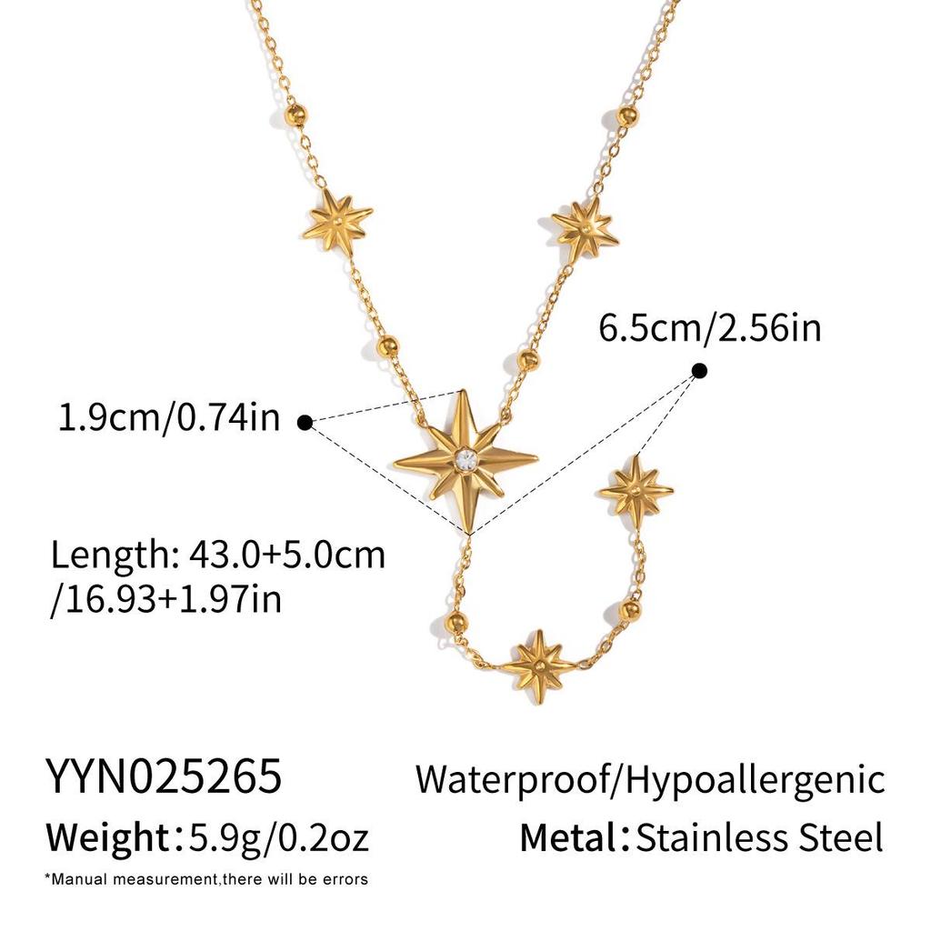 Collier Y-Chain à pampilles étoile à huit branches élégante Xia Ling, Acier inoxydable, Plaqué or 18 carats, Bijou polyvalent pour femmes