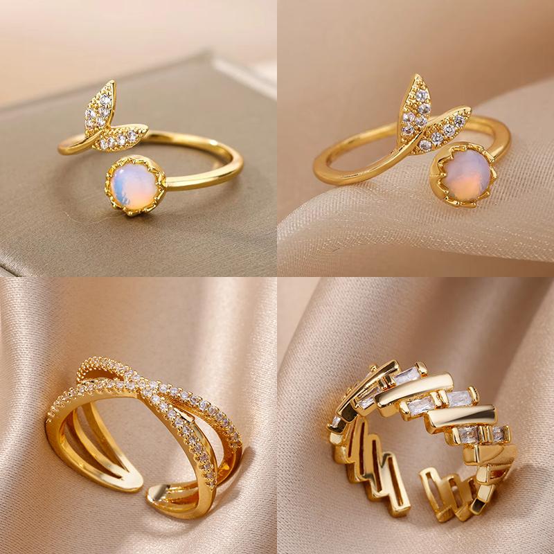 Fashion Leaves Opal Rings For Women Stainless Steel Opal Crystal Stone Leaves Finger Ring Engagement Bohemian Jewelry Gift