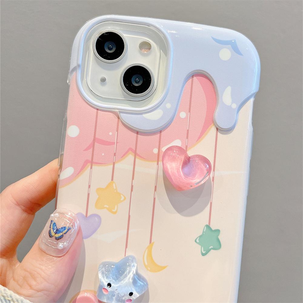 Cartoon 3D Heart Star Ice Cream Bead Strap Phone Case For iPhone 15 13 14 12 11 Pro Max Plus INS Lovely Soft Silicone Back Cover