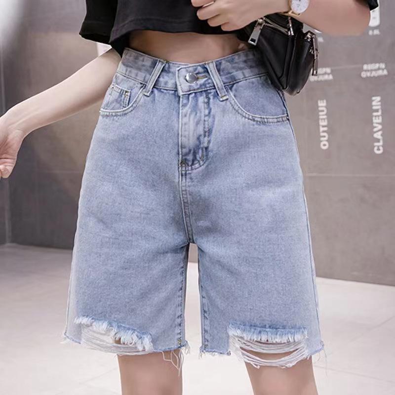 Korean Style High-Waisted Ripped Women s Wide-Leg Capris - Summer Trendy Slimming Straight-Leg Pants M